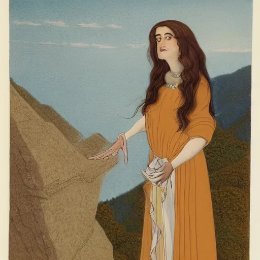 Prompt: Beautiful woman with long brown hair and a flowing dress standing on the ledge of a mountain, micheal parkes —H 768