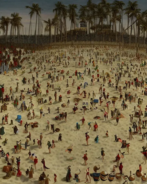 Image similar to the gigantic unconscious body of lemuel gulliver lies on a beach surrounded by hundreds of tiny lilliputians, some standing on him. gulliver is being tied to the beach with hundreds of robes being held down by the lilliputians, the scene is cinematic and hyperreal