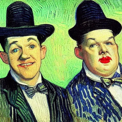 Prompt: high definition portrait of Stan Laurel and Oliver Hardy wearing hats by Vincent van Gogh
