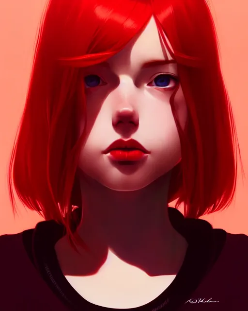 Image similar to a detailed portrait of a cute woman with red hair and freckles by ilya kuvshinov, digital art, dramatic lighting, dramatic angle