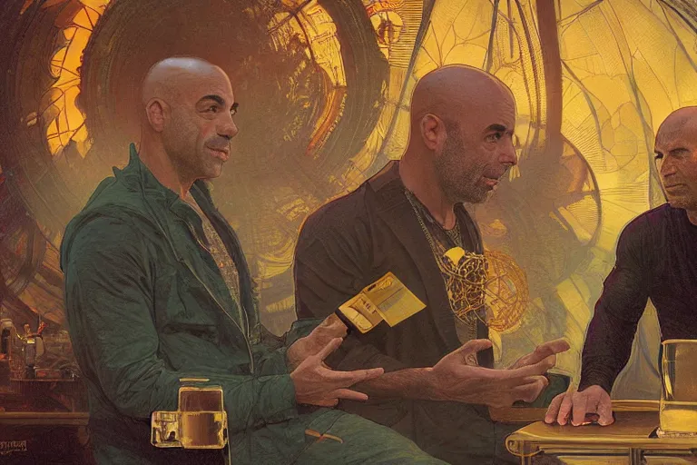 Image similar to joe rogan interviewing an inter - dimensional dmt alien, octane render, by greg rutkowski, alphonse mucha, artgerm