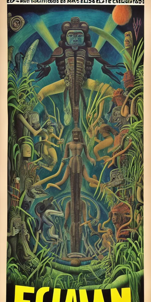 Prompt: 1968 science fiction movie poster, cut out, classic mayan mythology, break of dawn on Venus, epic theater, deep jungle creatures, aquatic plants, drawings in part by Diego Rivera, part by Ernst Haekl, text by William S Boroughs, written by Michael Ende
