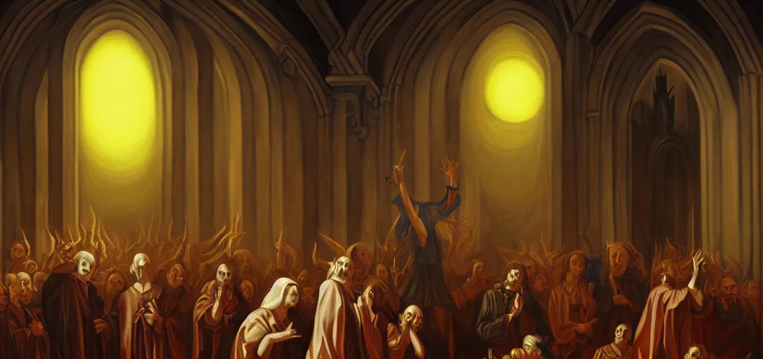 Prompt: baroque oil painting of satan in church, brutalist, dark fantasy, sunset, rule of thirds, digital cel shading, fake hidden detail, trending on pixiv fanbox