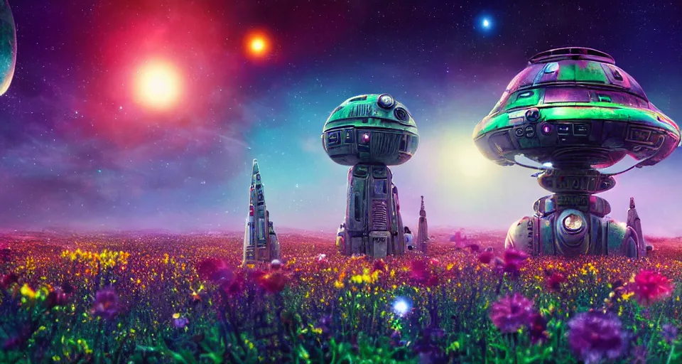 Image similar to a beautiful up close view of a mechanical mystical alien shrine in a field of multicolored colored flowers, underneath a star filled night sky, warm coloured, gigantic pillars and flowers, maschinen krieger, beeple, star trek, star wars, ilm, atmospheric perspective