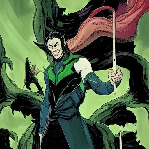 Image similar to The artwork is conceptual artwork for a graphic novel that shows Loki, the god of mischief, in a variety of emotional states. Lee Garbett produced the artwork in 2015. The illustration is wonderfully detailed, and each expression on Loki's face is well captured.