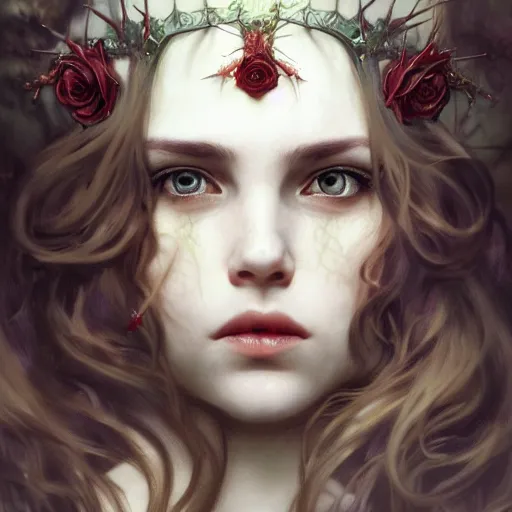 Prompt: portrait of very beautiful vampire, rose thorn crown, thorns everywhere, headshot, pale skin, 4k, rule of thirds, extreme detail, detailed drawing, trending artstation, hd, fantasy, D&D, realistic lighting, by Alphonse Mucha, Greg Rutkowski, sharp focus, backlit, velvet hair, elegant