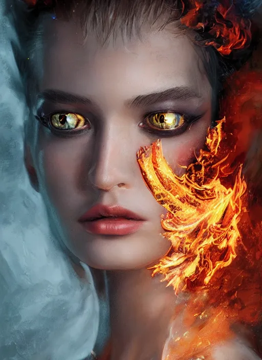 Image similar to 3d fashion portrait with fire, female, future, torch, flame, harper's bazaar, vogue, fashion magazine, intricate, concept art, close up, ornate, luxury, elite, elegant, trending on artstation, by ruan jia, by Kenneth Willardt, by ross tran, by WLOP, by Andrei Riabovitchev,