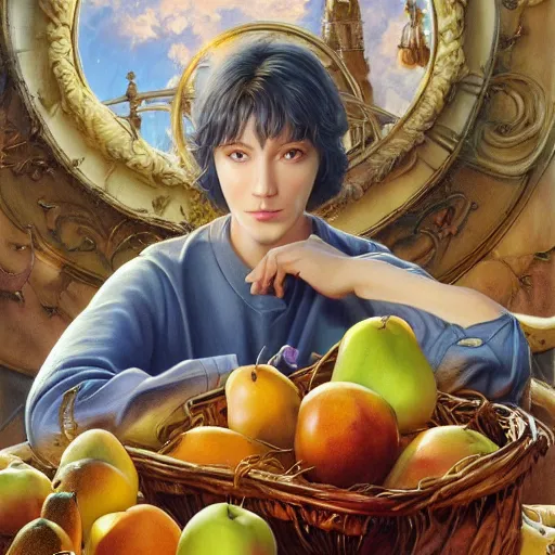 Image similar to photorealistic fruits basket in heaven, detailed, centered, digital painting, artstation, concept art, donato giancola, joseph christian leyendecker, wlop, boris vallejo, breathtaking, 8 k resolution, extremely detailed, beautiful, establishing shot, artistic, hyperrealistic, beautiful face, octane render, cinematic lighting, dramatic lighting, masterpiece