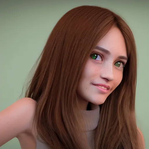 Prompt: Render of April, a cute 3D young woman, long shiny bronze brown hair, full round face, green eyes, medium skin tone, light cute freckles, light blush, smiling softly, wearing casual clothing, interior lighting, cozy living room background, medium shot, mid-shot, hyperdetailed, hyperreal, trending on Artstation, Unreal Engine 4k