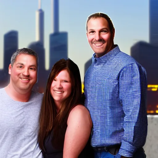 Image similar to a close up of a smiling couple of parents to be, in front of 9 / 1 1 with pink smoke, clear details, award winning