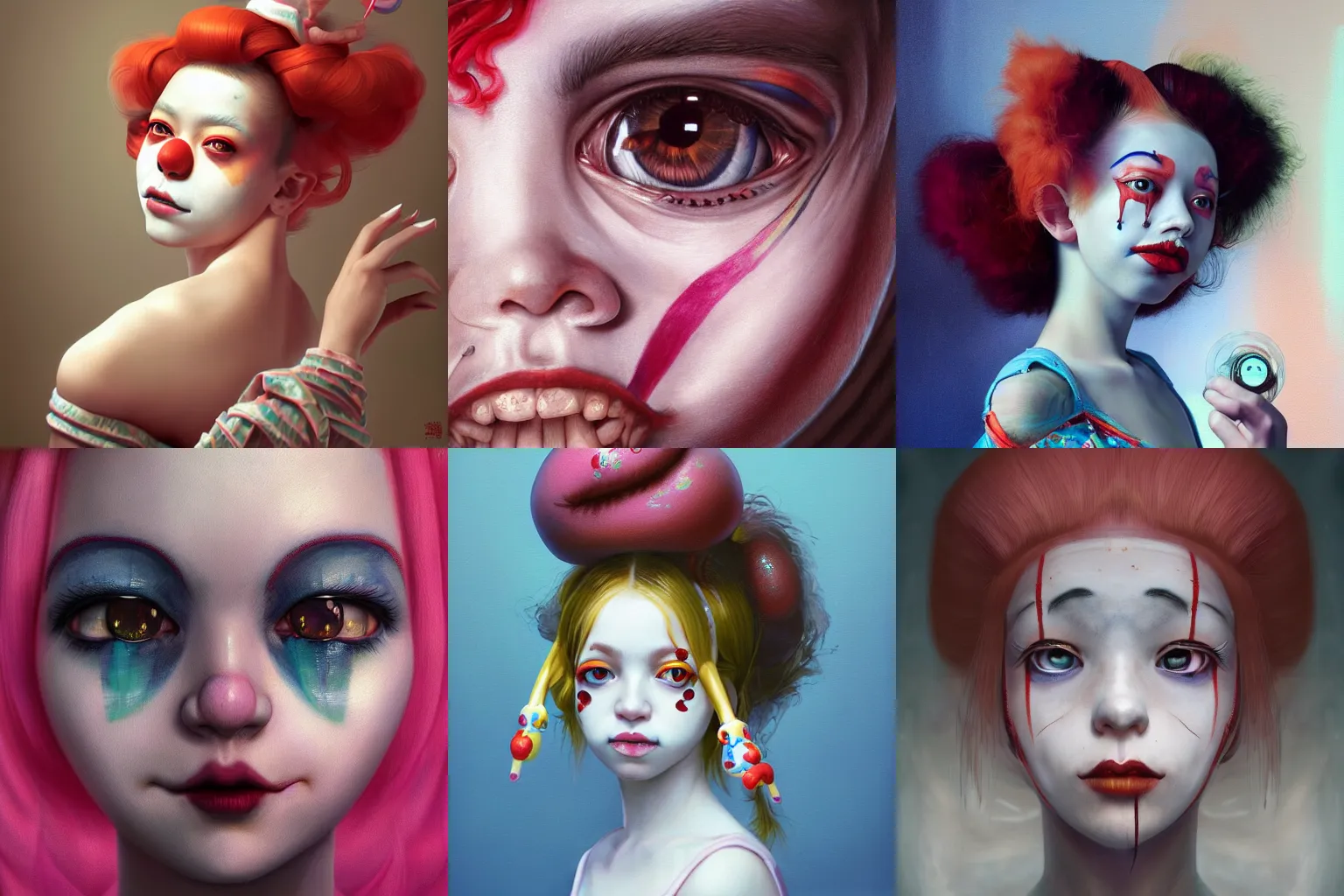 Image similar to breathtaking detailed painting of clown girl , with anxious, piercing eyes, Atari game cover art by Hsiao-Ron Cheng, James jean, Miho Hirano, Hayao Miyazaki, extremely moody lighting, hyperrealistic, octane render, RPG portrait, ambient light, dynamic lighting