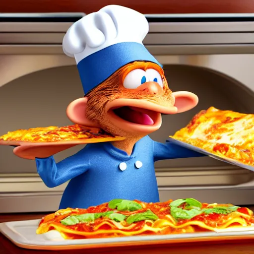 Image similar to pixar 3 d style cute platypus on a kitchen wearing a chef hat and holding a lasagna into an oven, pixar style, 3 d, ratatouille style