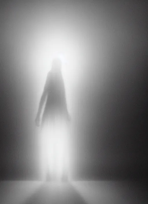 Prompt: a female silhouette walking, white glowing aura, out of body, fog, film grain, cinematic lighting, astral projection