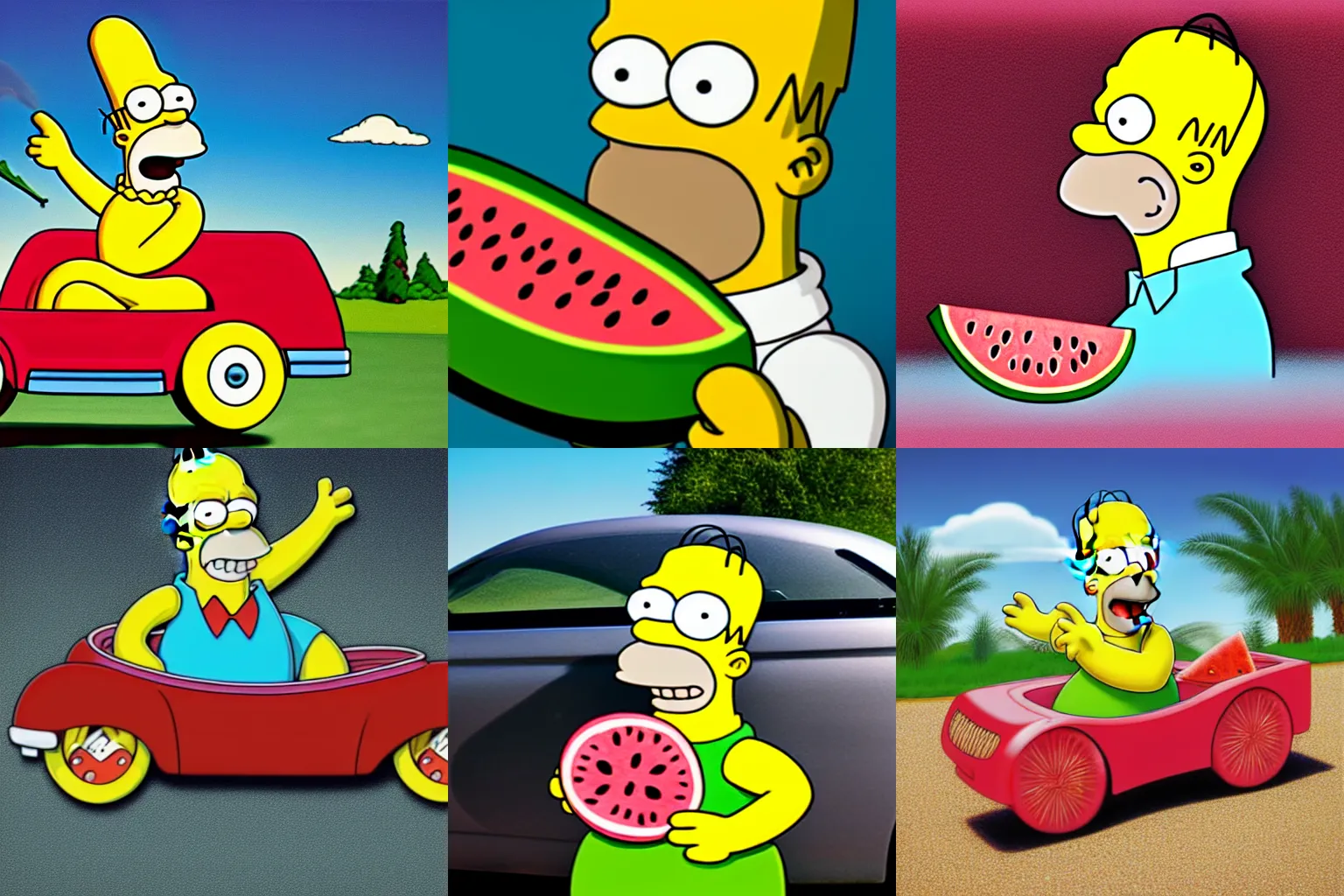 Prompt: homer simpson driving a watermelon car, realistic photograph, car, watermelon