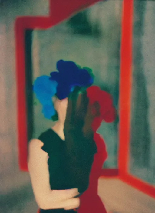 Prompt: ( ( out of focus ) ), head to shoulders woman, photography by saul leiter and ernst haas in a decorated pompeii peristylium, tea green, airforce blue, red, closed eyes