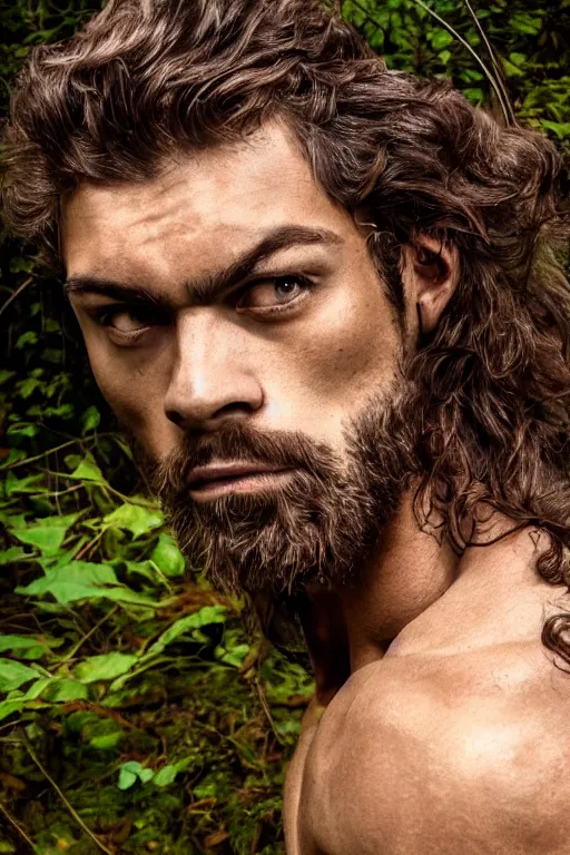 Image similar to portrait of a muscular man, chiseled features, beautiful flowing brown curly hair, mythological, god of nature, defined muscles, artsy photography, film photo, 4 k, model posing, deep tan skin, trending on artstation, fashion photography, yellow eyes, overgrown background, dryad, verdant forest