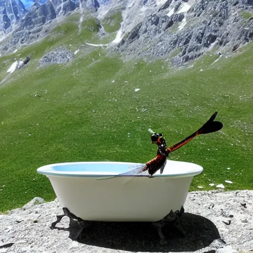 Prompt: dragonfly in a bathtub in the alps, goats!!! in background