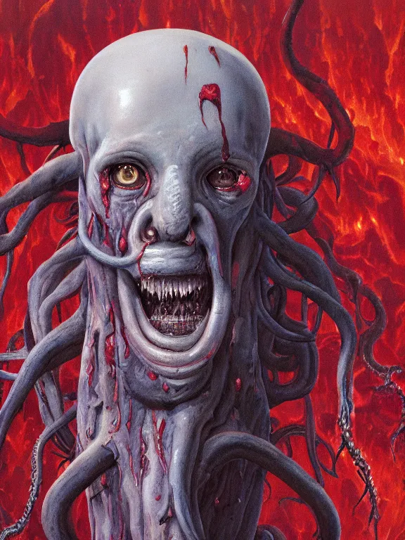 Image similar to wayne barlowe painting of a flying sorrowful looking severed human head with tears running down it's eyes, face that is chalk white in color, with long white tentacles stemming from it's neck, fiery scorching red eyes, background sprawling terrifying hellish cave with lava flowing through it's walls, 4 k