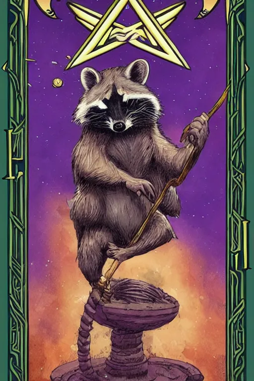 Image similar to Rider-Waite tarot card: The Fat!!!! Raccoon, artstation, concept art, 4k