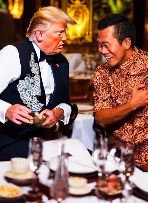 Image similar to Trump and Biden having dinner at a fancy Balinese restaurant, award winning photography, 85mm, perfect faces