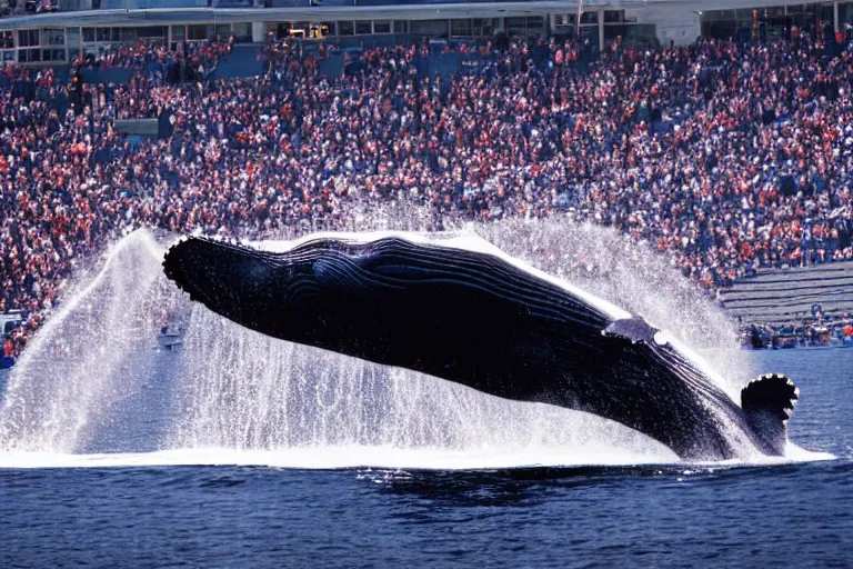 Prompt: a humpback whale flying in the air over an nfl football stadium ultra detailed realistic photograph cinematic lighting