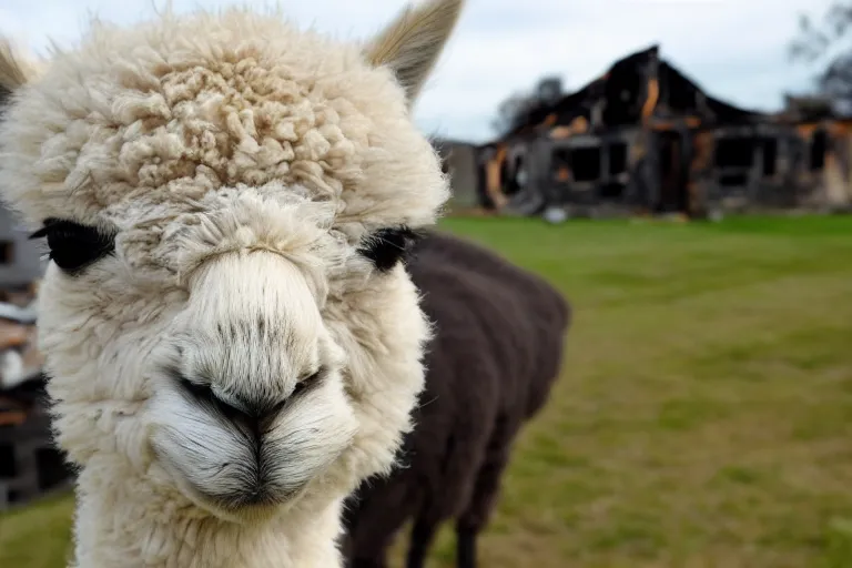Image similar to <picture quality=4k-ultra-hd mode='attention grabbing'>Adorable alpaca looks into the camera knowingly as a house burns behind it - inspired by Disaster Girl</picture>