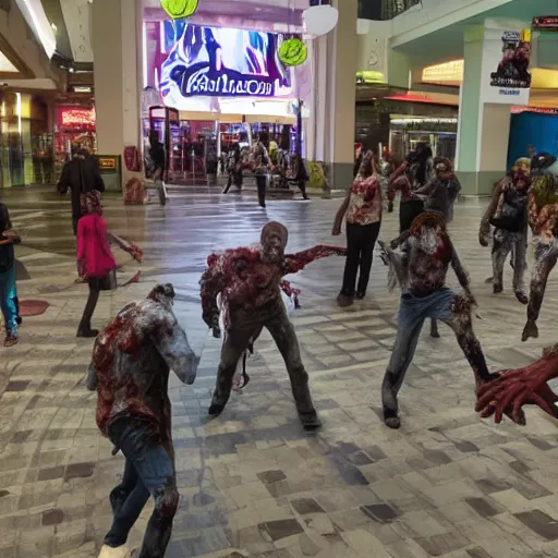 Image similar to zombies in mall, by team burton, fog
