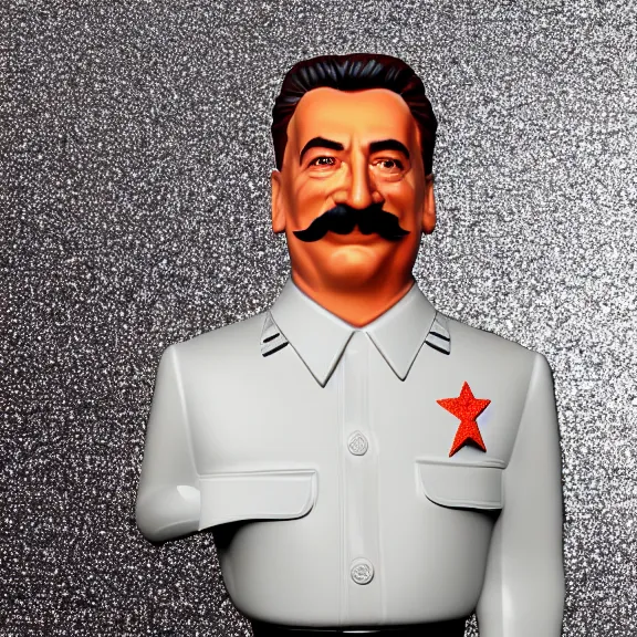 Image similar to small glitter plastic figurine of stalin, white background, full body portrait, 3d render