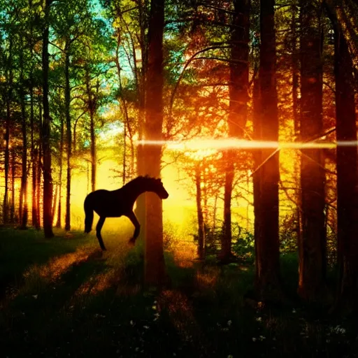 Prompt: a forest with a beautiful sunset, enhanced photo, lens flare passing by, with horse running through trees, 4 k, hd, realistic