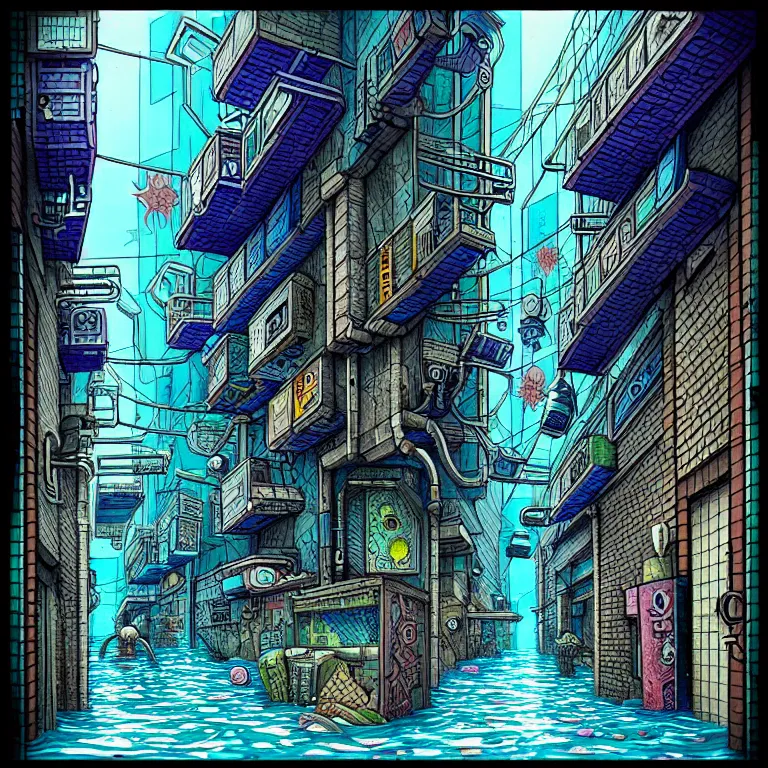 Prompt: an absurdly-detailed cyberpunk alleyway colored-pen drawing as a fancy square tile. Sea-life in a submerged-city.