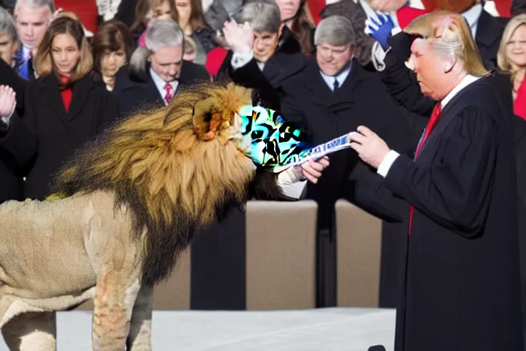 Image similar to photo of the usa presidential inauguration, a lion fursuiter being inaugurated as president