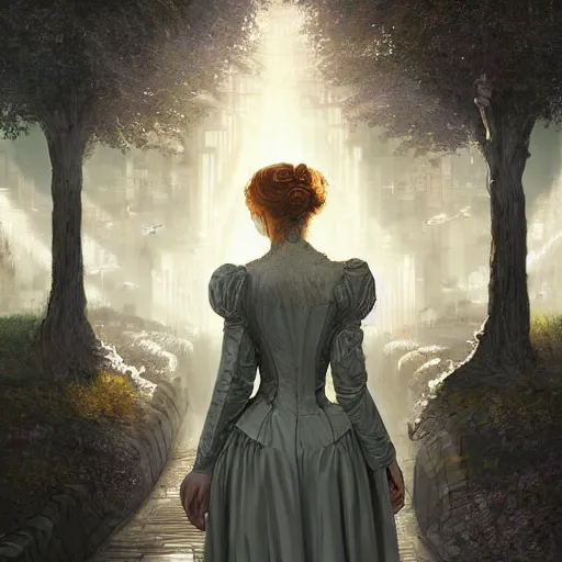 Prompt: portrait of a victorian lady in a futuristic city, from behind, streets, angels in the sky, birds, sunlight and rays of light shining through trees, tall buildings on the sides, beautiful, solarpunk!!!, highly detailed, digital painting