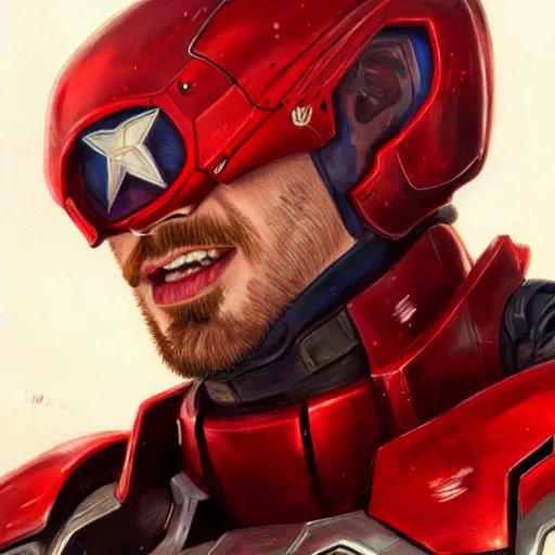 Image similar to handsome Chris Evans wearing a Red Power Armor, western, closeup, D&D, fantasy, intricate, elegant, highly detailed, digital painting, artstation, concept art, matte, sharp focus, illustration, art by Artgerm and Greg Rutkowski and Alphonse Mucha