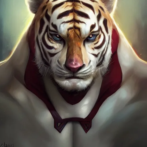 Image similar to a esthetic portrait commission of a muscular antrho albino tiger wearing the superman outfit,hyperdetailed face,character design by charlie bowater,ross tran,artgerm,makoto shibkai,photorealistic,western comic book art,film poster,deviantart,artstation