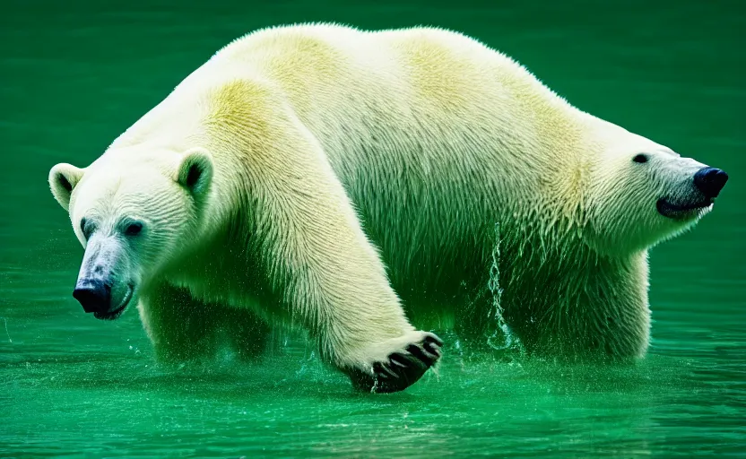 Image similar to gruesome polar bear, beautiful green liquid, green oozing pool pit, cinematic lighting, various refining methods, micro macro autofocus, ultra definition, award winning photo