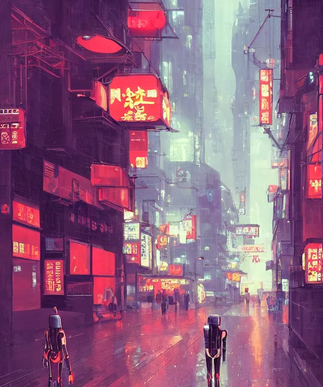 Prompt: big red robot waiting in street from paris or neo tokyo , humid ground, people and creatures walking holding neon ombrellas, volumetric light, bokeh light from top, science fiction elements like droids or computer screens, brutalist architecture, rainy mood, artstation, art by françois schuiten and moebius and pascal campion