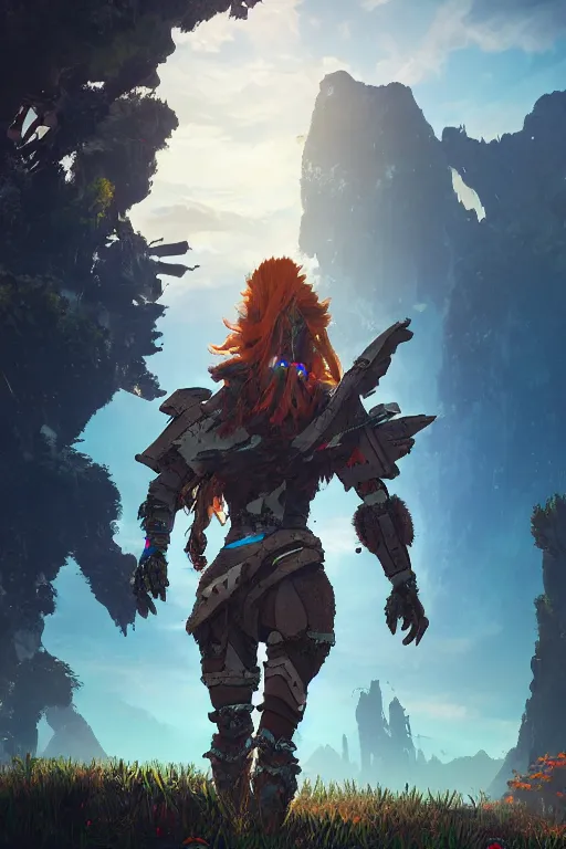 Image similar to combination suit armor aloy horizon forbidden west horizon zero dawn radiating a glowing aura global illumination ray tracing hdr fanart arstation by ian pesty and alena aenami artworks in 4 k tribal robot ninja mask helmet backpack