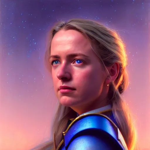 Image similar to ( ( ( ( ( hyperrealist distant portrait of jaina proudmoore on a blue planet where it rains colors. ) ) ) ) ) by donato giancola, fantasy, photorealistic, octane render, unreal engine, dynamic lighting, trending on artstation, poster, volumetric lighting, very detailed faces, 4 k, award winning