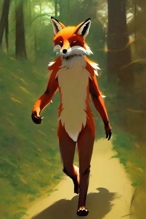 Image similar to anthro digitigrade natural - colored cartoon fox person, walking upright in a forest, greg rutkowski, gregory manchess