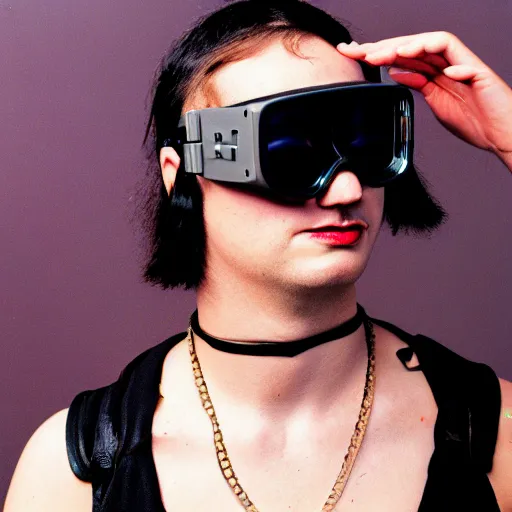 Prompt: kodak portra 4 0 0 photograph of a cybergoth guy wearing goggles and eclectic jewelry, telephoto, 9 0 s vibe, blurred background