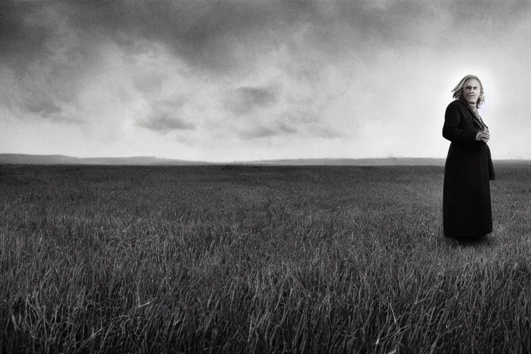 Image similar to a cinematic headshot portrait of a frozen middle aged woman stood in a field, field on fire, ultra realistic, depth, beautiful lighting, by annie leibovitz