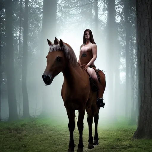 Prompt: centaur consisting of a horse and a human, featured on artstation, photograph captured in a dark forest