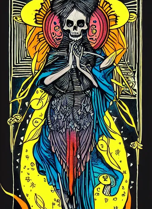 Prompt: beautiful tarot illustration of death, in the style of wylie beckert, mystical colors, trending on artstation