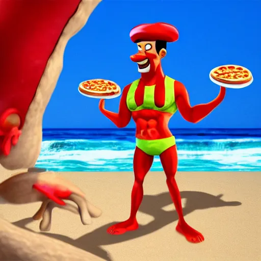 Image similar to render of muscular pizza man, beach background