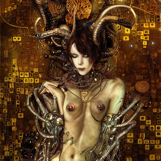 Prompt: horned cybernetic demon lovers trapped in circuitry, intricate detail, klimt, royo, whealan,