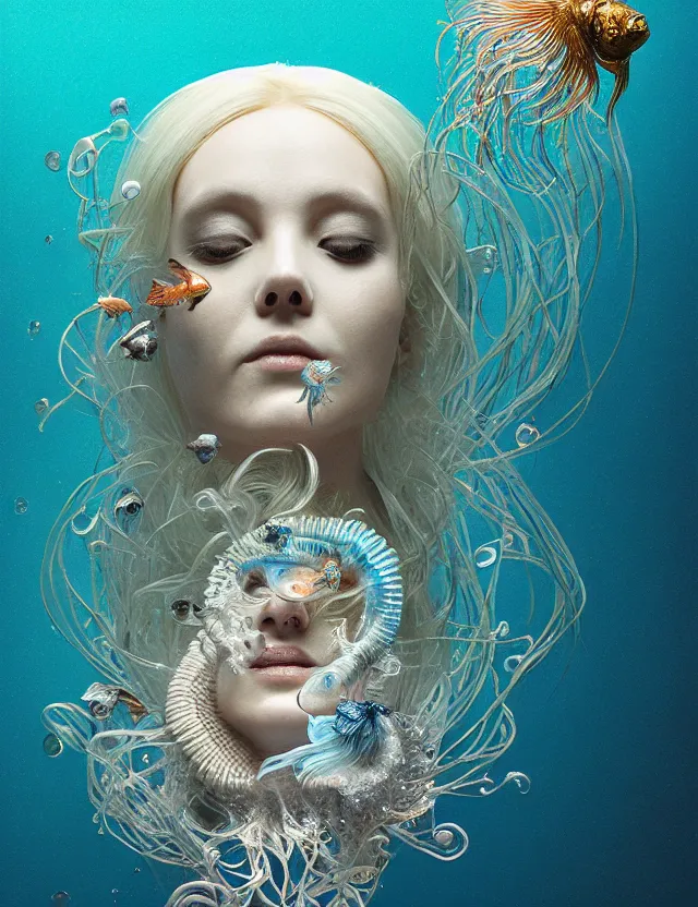 Prompt: goddess macro shouler portrait from bottom to top in crown made of ram skull. betta fish, jellyfish phoenix, bioluminiscent, plasma, ice, water, wind, creature, super intricate ornaments artwork by tooth wu and wlop and alex prager and greg rutkowski