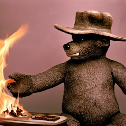 Image similar to candid photo of Smokey The Bear in the bathroom sitting on a porcelain throne, playing with fire, by Annie leibowitz, photorealisitc, extremely detailed