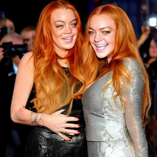 Image similar to Selfie photograph of Lindsay Lohan and Lindsay Lohan, golden hour, 8k,