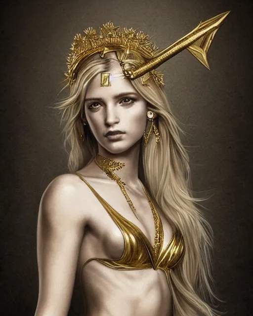 Image similar to tattoo design sketch of cute blonde super model as aphrodite greek goddess wearing a gold laurel wreath and triangle earrings, beautiful piercing gaze with sharp pupils, in the style of greg rutkowski, fantasy, amazing detail, epic, elegant, smooth, sharp focus, front view