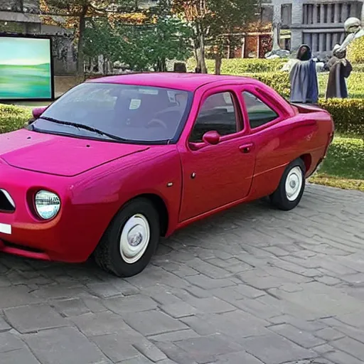 Image similar to a dodge neon, displayed as art at a museum